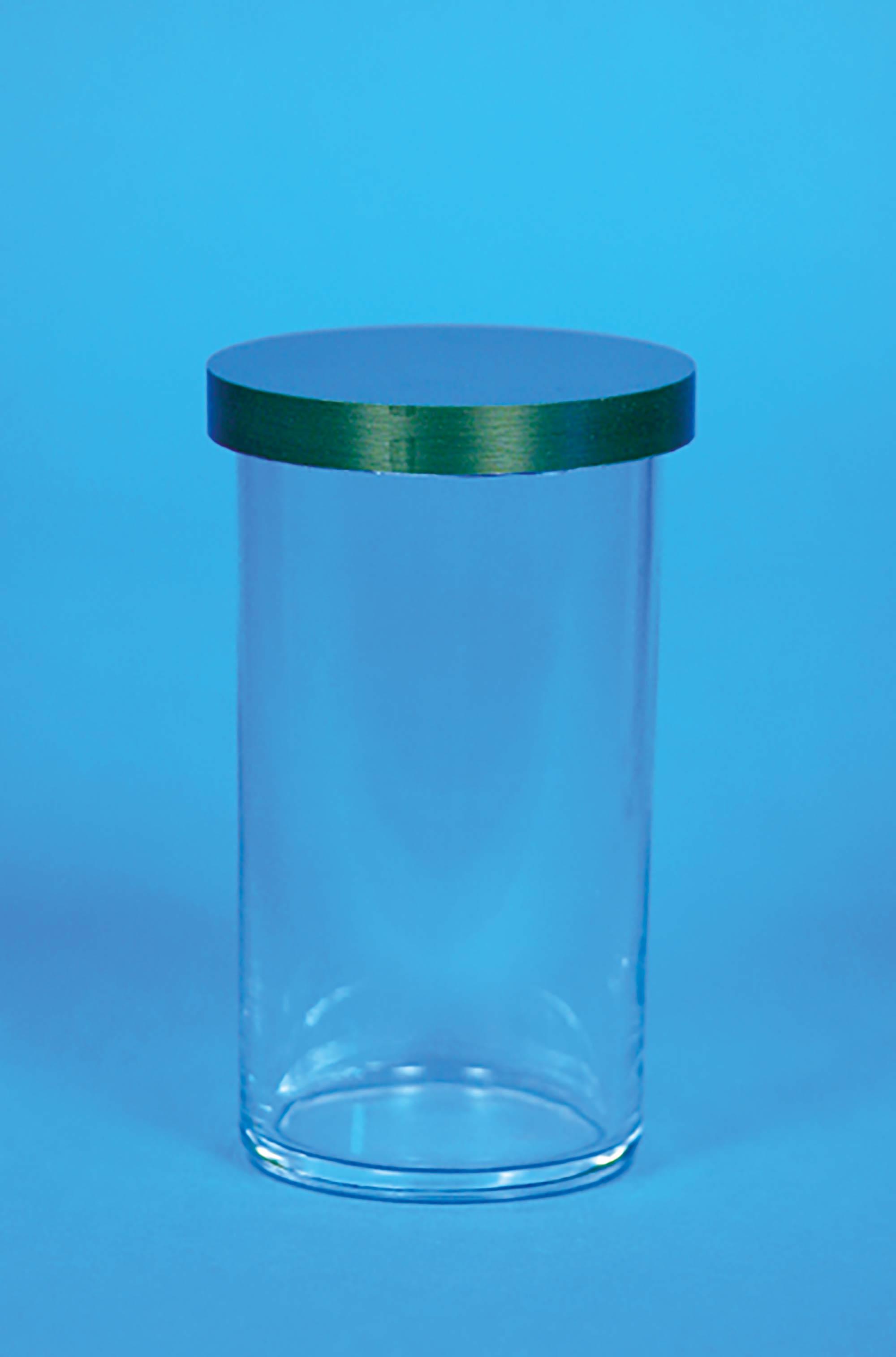 Kleintrennkammer aus Glas mit Überfalldeckel aus Kunststoff H=110 mm, D.= 60 mm