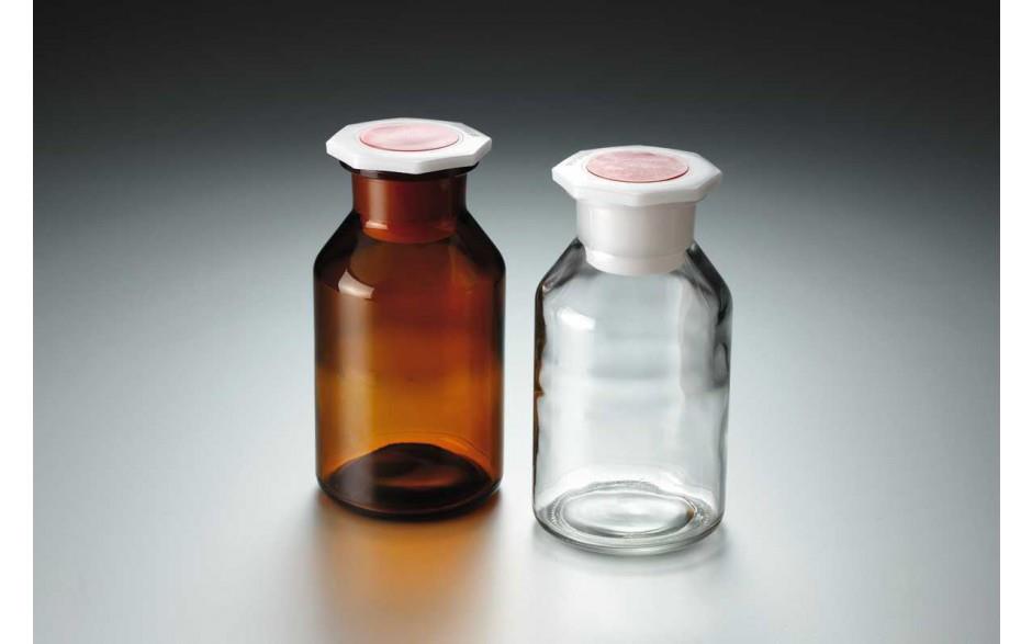 Steilbrustflasche mit Polyethylenstopfen, Braunglas, Weithals