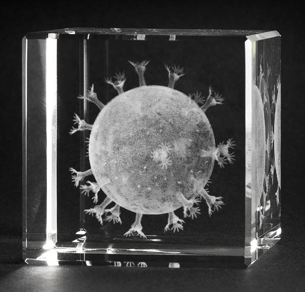 3-D Kristall Motiv: HIV Virus im Querschnitt mit Beschriftung  Maße: 60x60x60mm