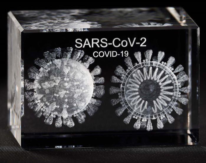 3-D Kristall Modell: Corona-Virus SARS-CoV-2 Block: 90x60x60mm